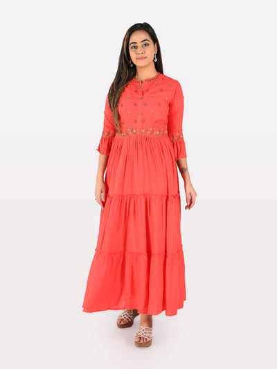 Neeru's Red Embroidered Flared Kurta