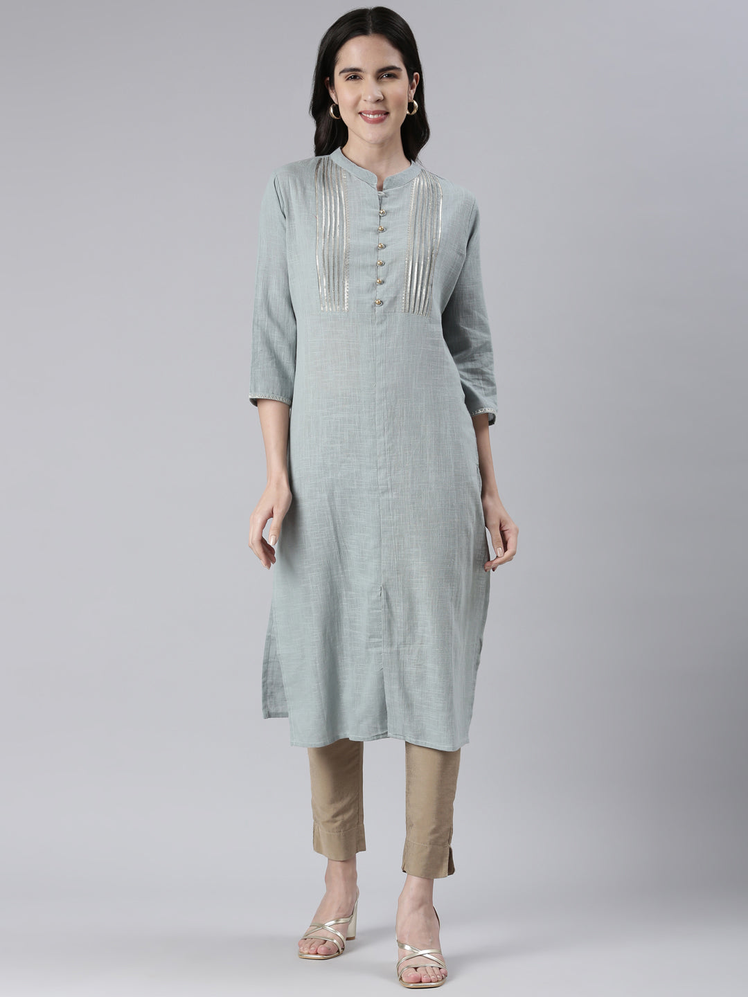 Neeru's Blue Straight Solid Cotton Kurtas