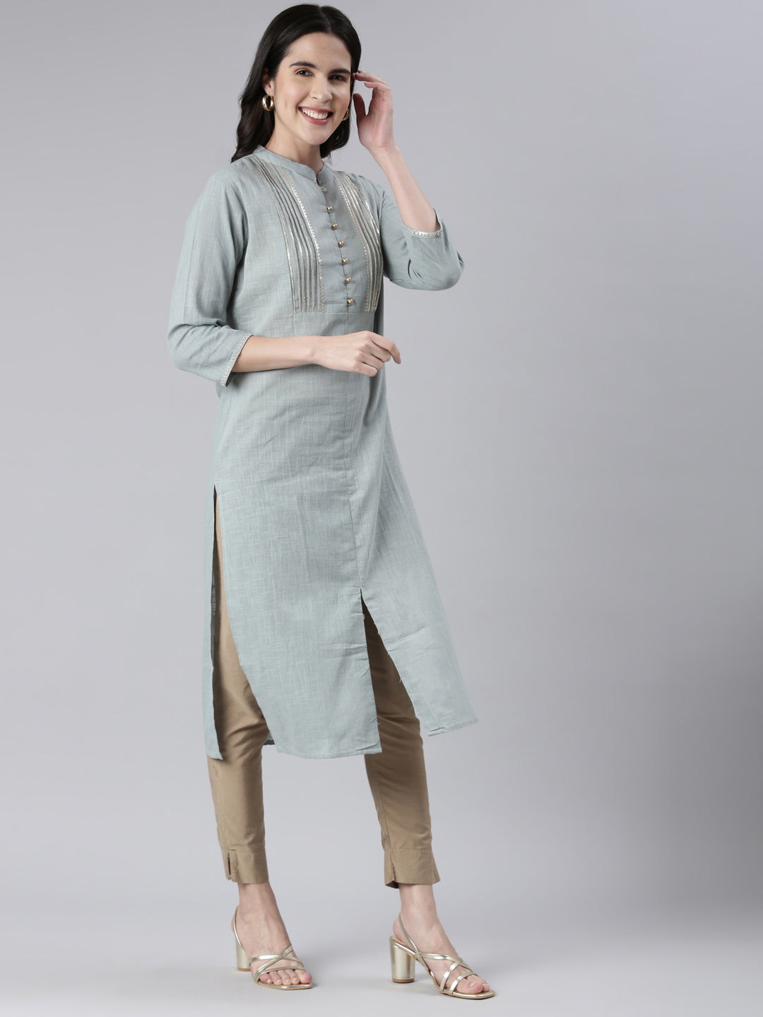 Neeru's Blue Straight Solid Cotton Kurtas