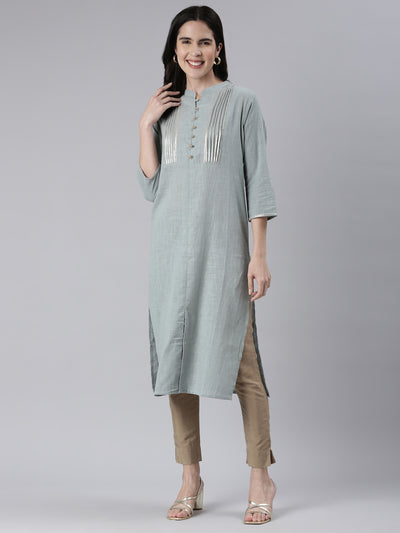 Neeru's Blue Straight Solid Cotton Kurtas