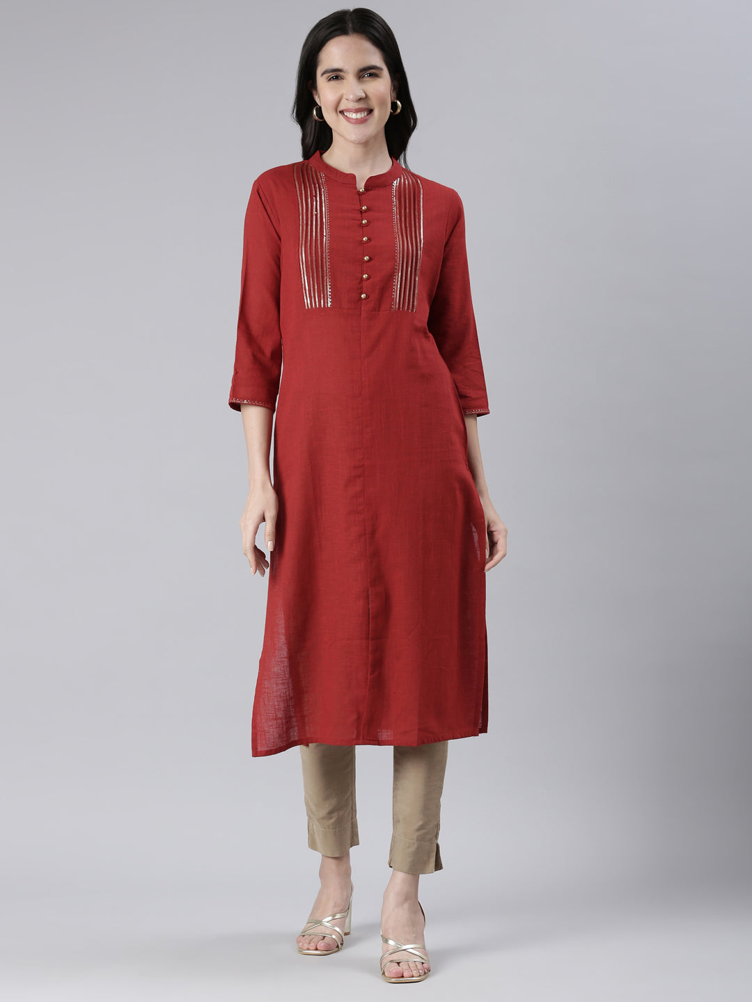 Neeru's Maroon Straight Solid Cotton Kurtas