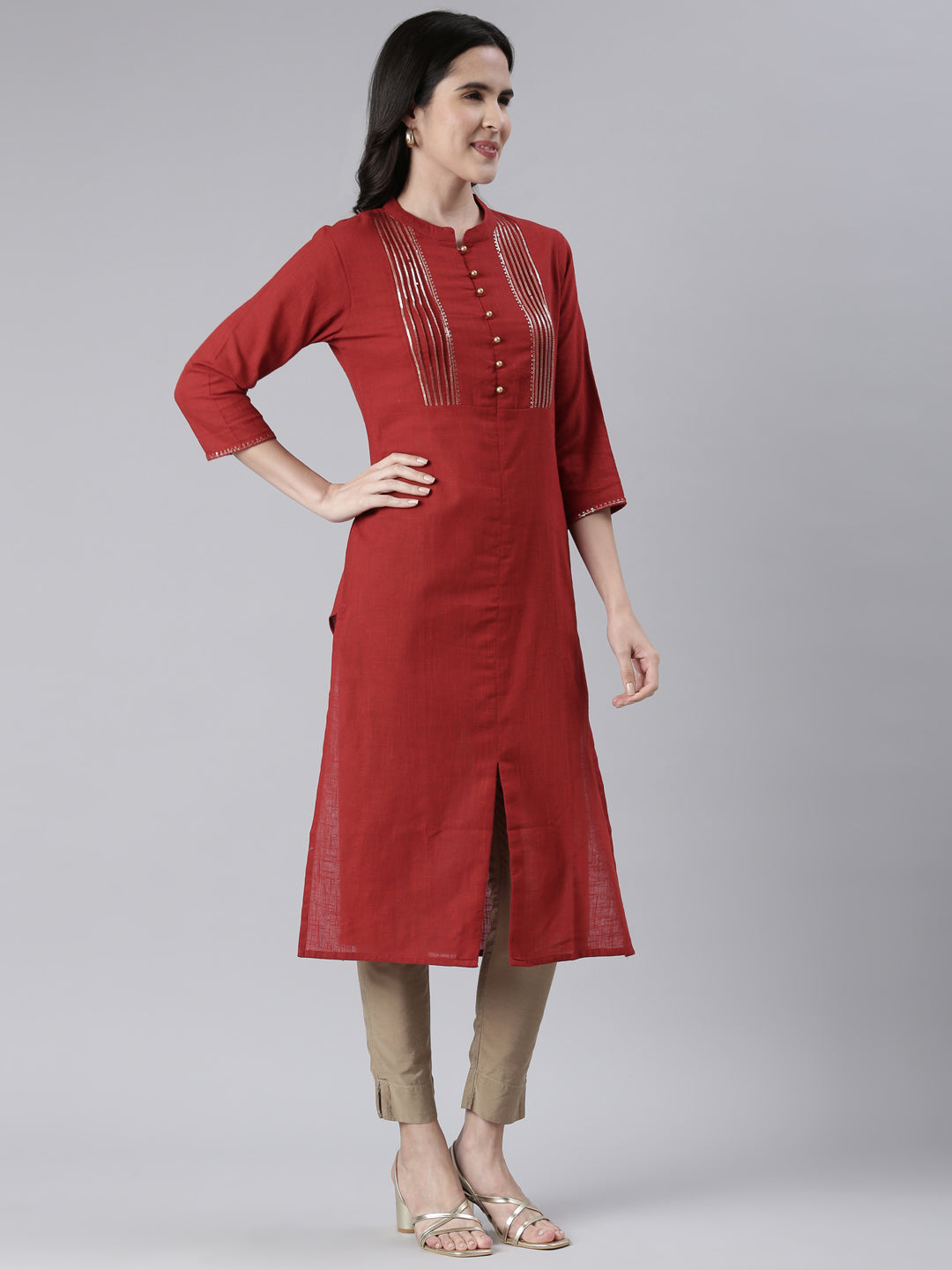 Neeru's Maroon Straight Solid Cotton Kurtas