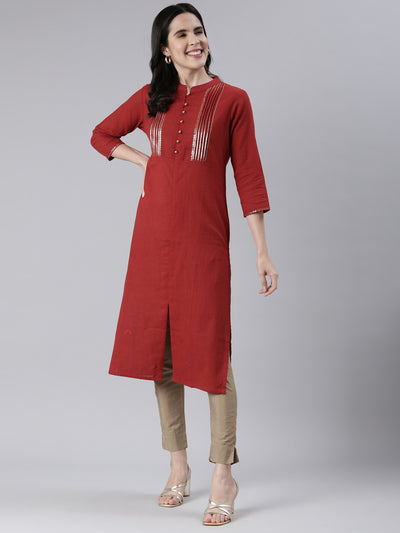 Neeru's Maroon Straight Solid Cotton Kurtas