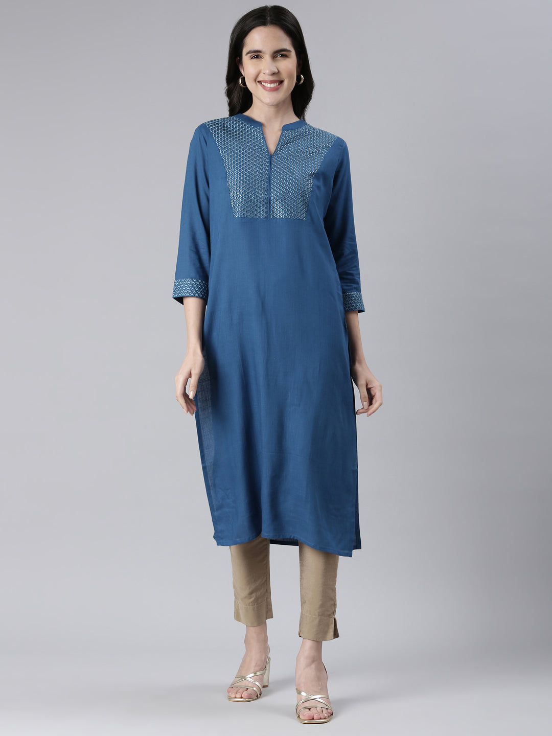 Neeru's Blue Straight Solid Cotton Kurtas