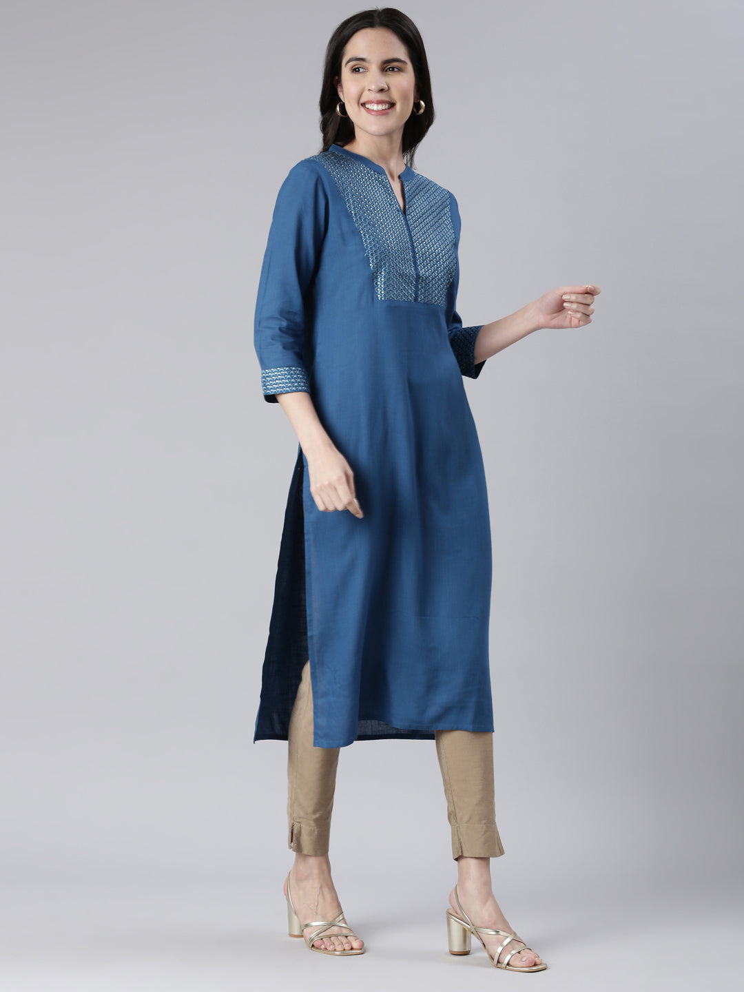 Neeru's Blue Straight Solid Cotton Kurtas