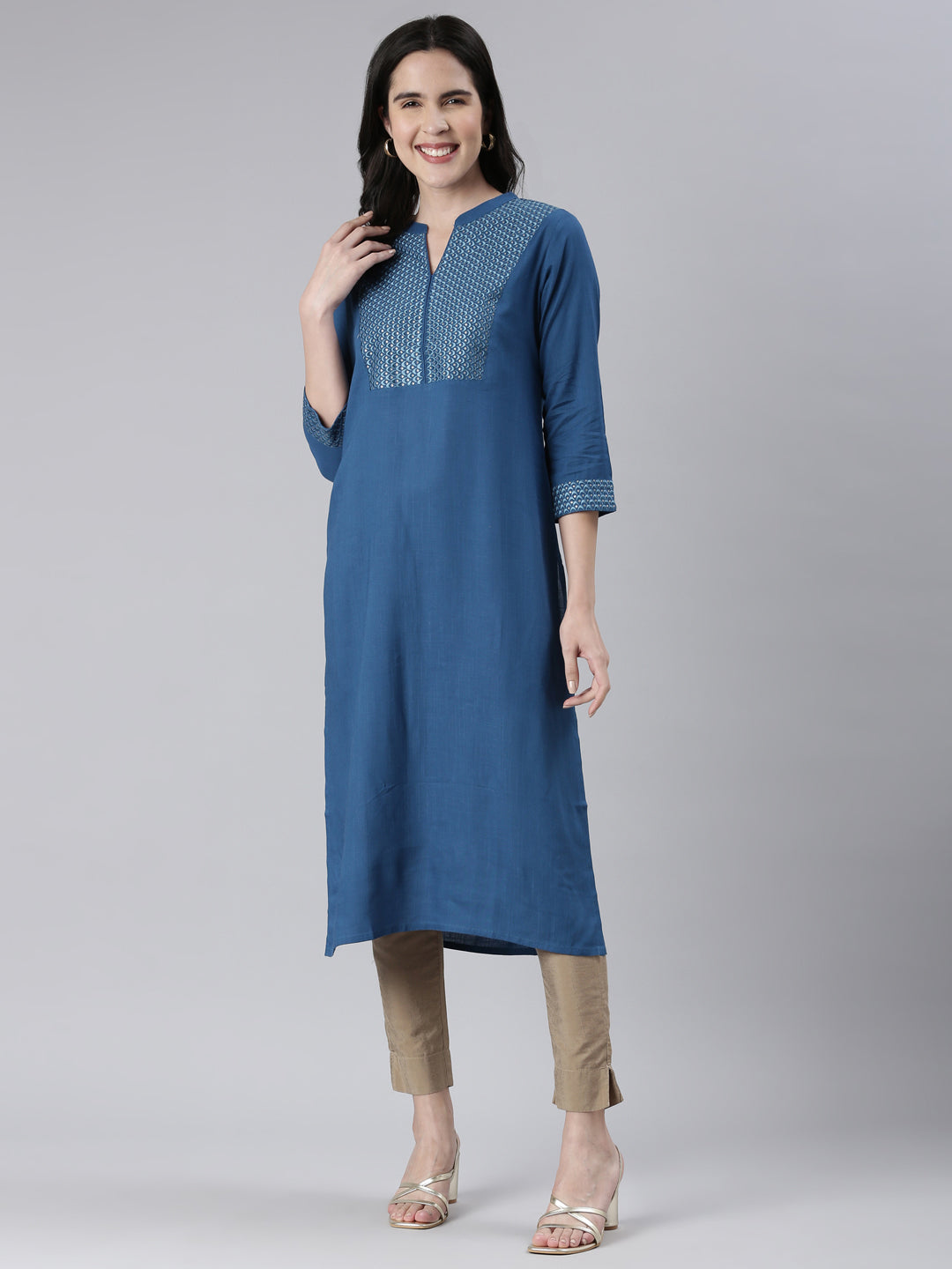 Neeru's Blue Straight Solid Cotton Kurtas