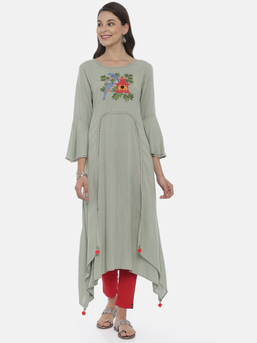 Neeru's Green Embroidered High Low Kurta