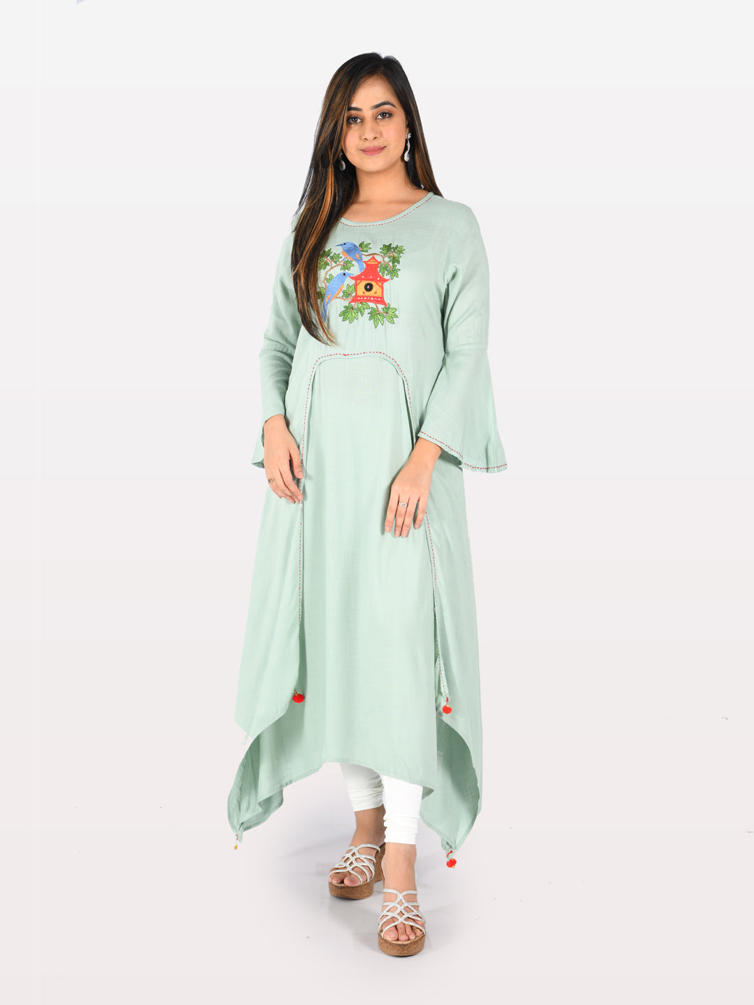 Neeru's Green Embroidered High Low Kurta