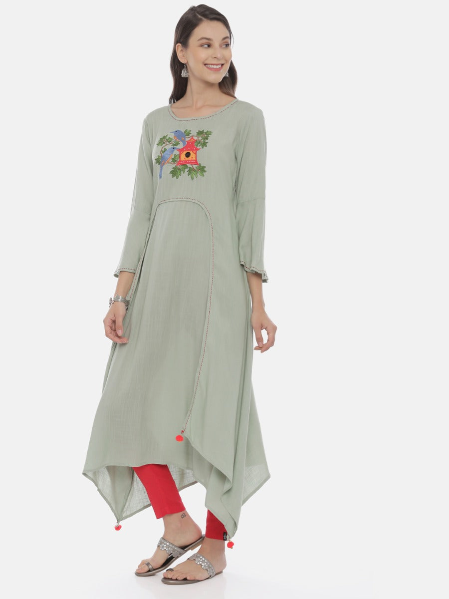 Neeru's Green Embroidered High Low Kurta