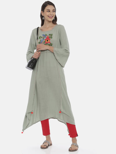 Neeru's Green Embroidered High Low Kurta