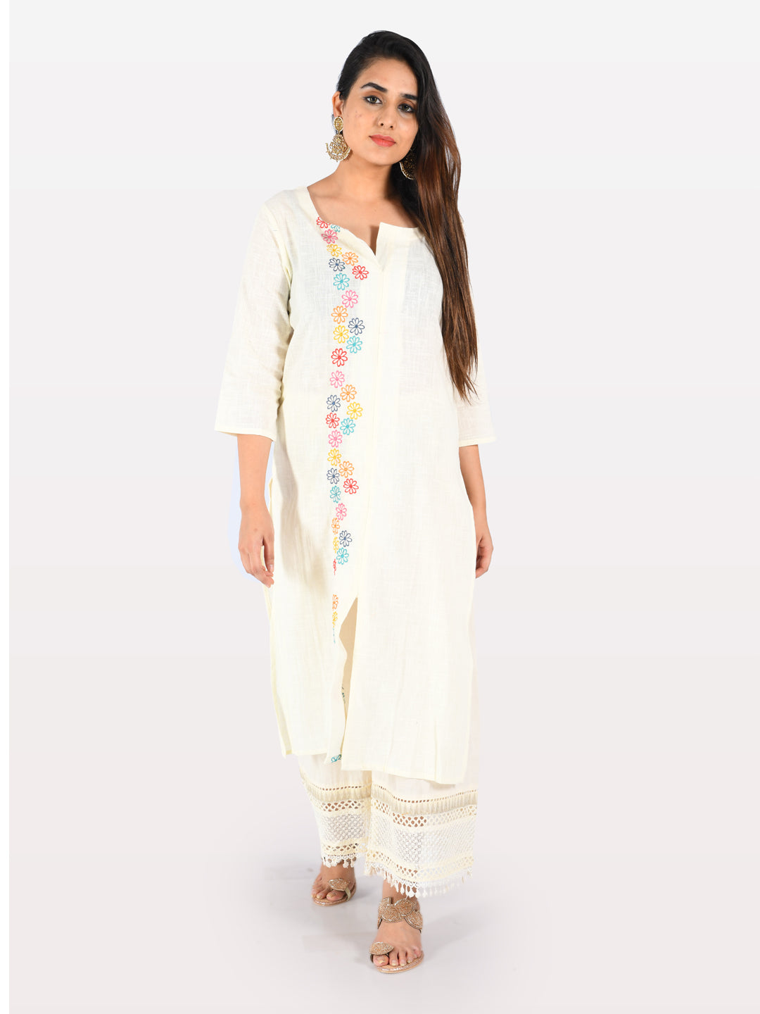 Neeru's Cream Embroidered Round Neck Kurta