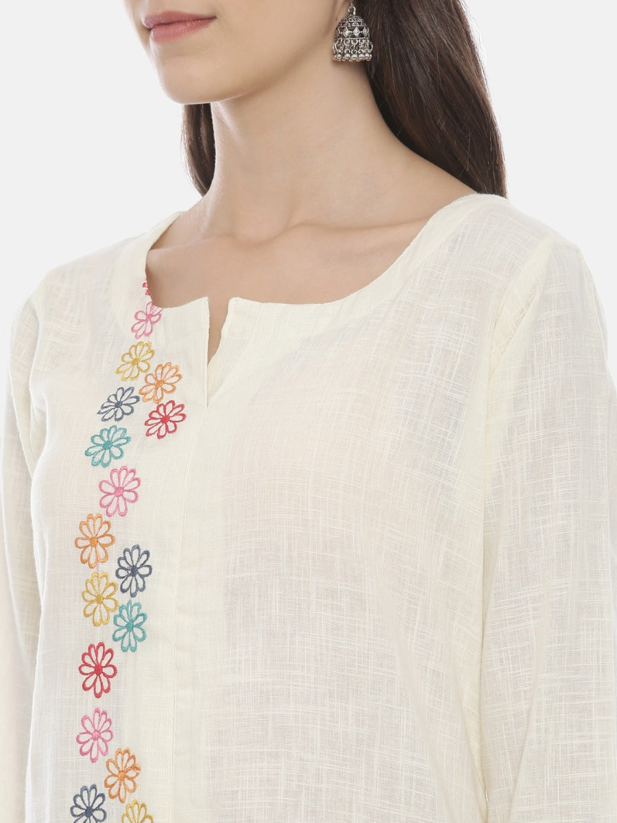 Neeru's Cream Embroidered Round Neck Kurta