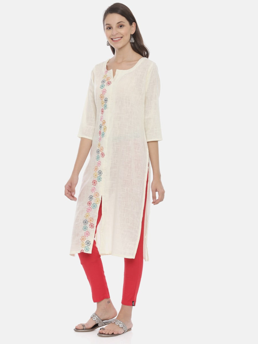 Neeru's Cream Embroidered Round Neck Kurta