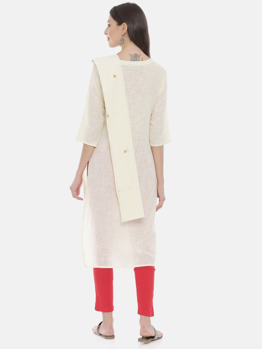 Neeru's Cream Embroidered Round Neck Kurta