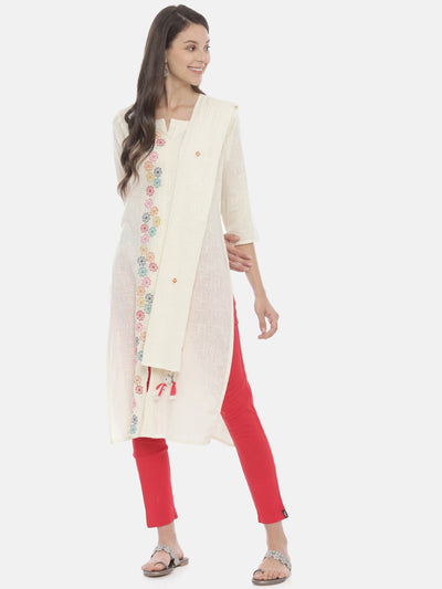 Neeru's Cream Embroidered Round Neck Kurta