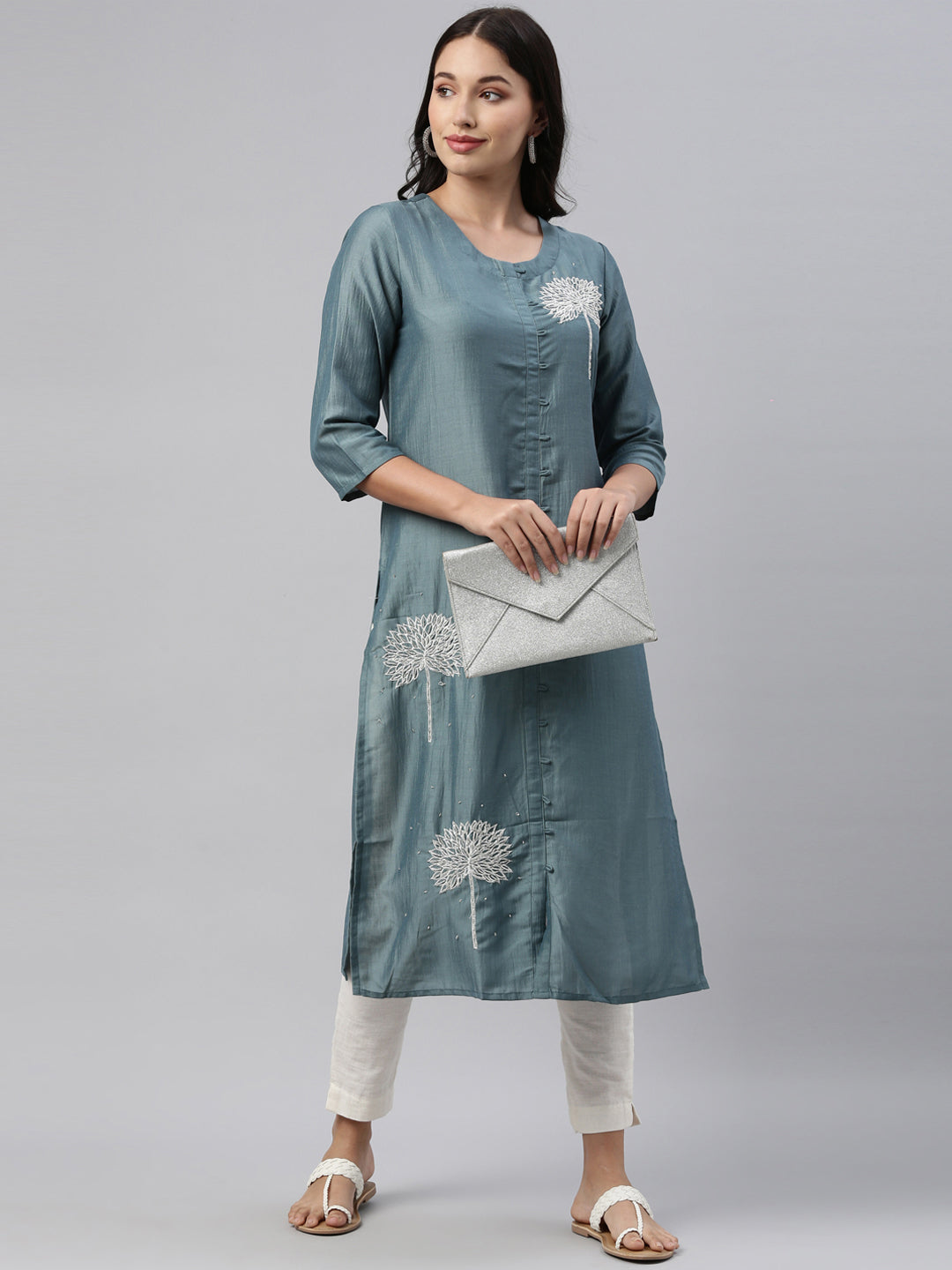 Neeru's Grey Color Silk Fabric Tunic