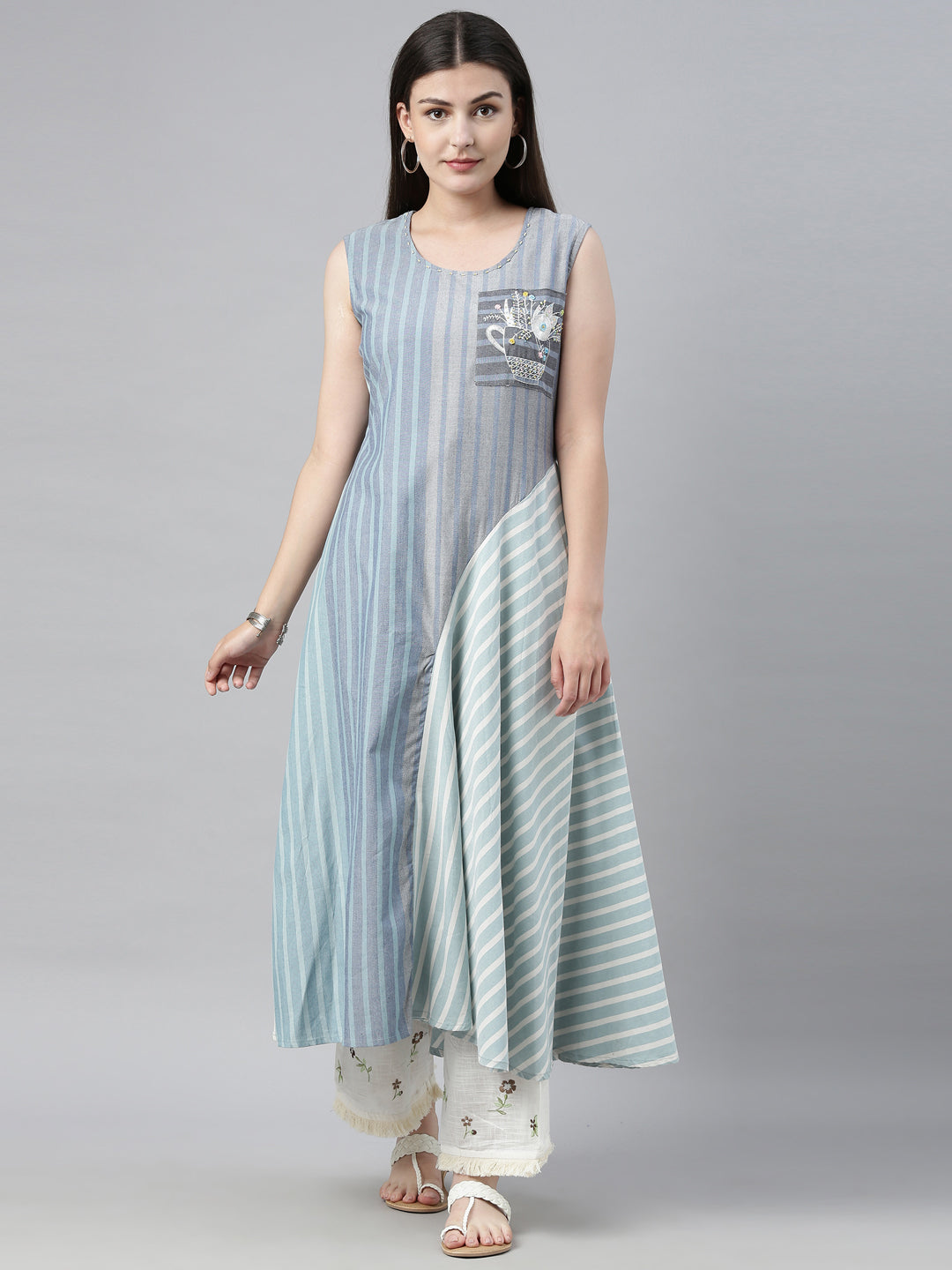 Neeru's Blue Striped Flared Kurta