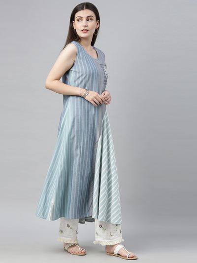 Neeru's Blue Striped Flared Kurta