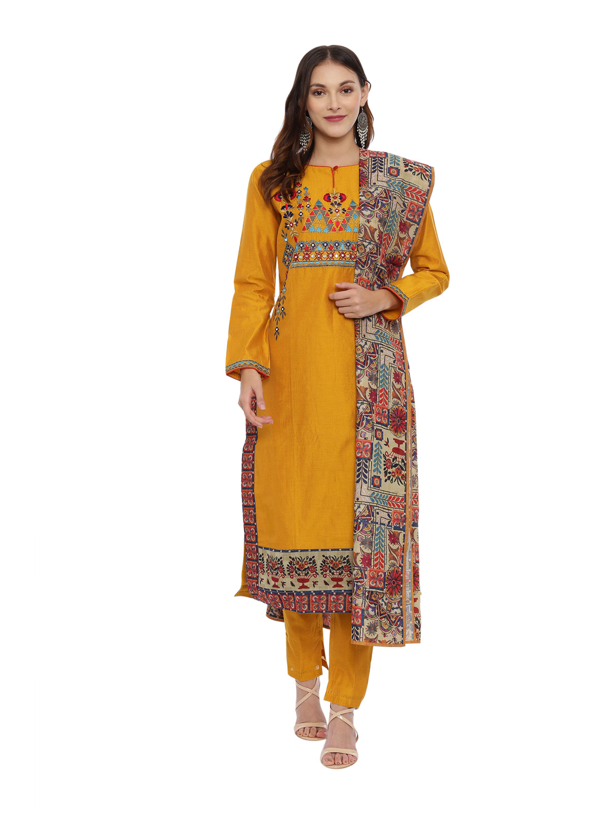 Neeru's Mustard Embroidered Kurta With Pant & Dupatta