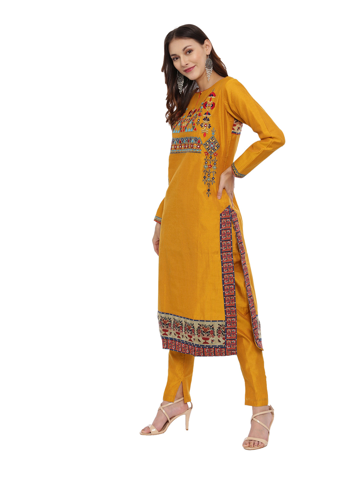 Neeru's Mustard Embroidered Kurta With Pant & Dupatta