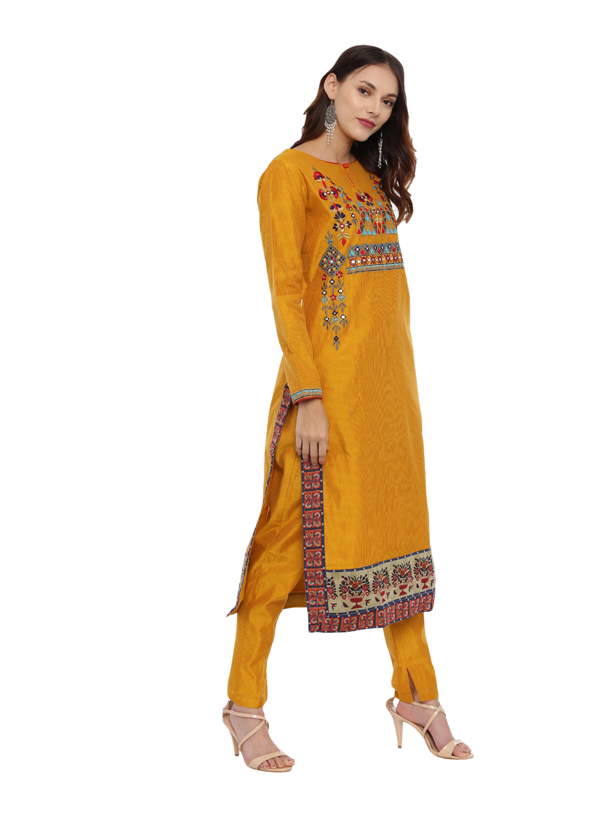 Neeru's Mustard Embroidered Kurta With Pant & Dupatta