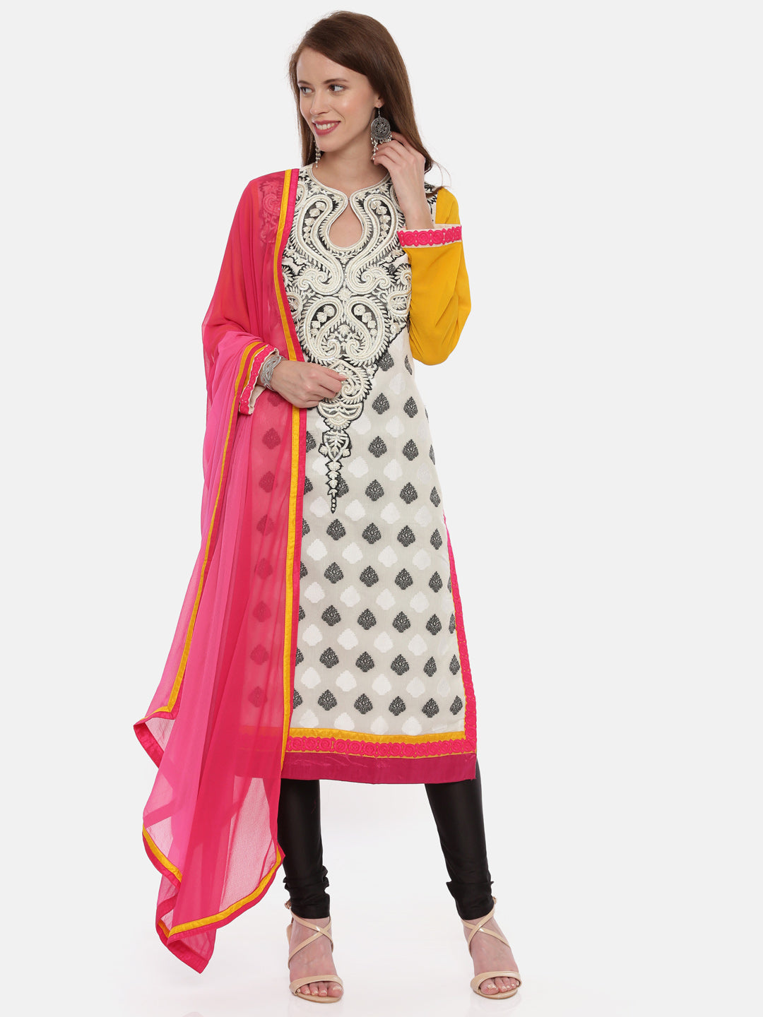 Neeru's Multicolor Embroidered Kurta With Churidar & Dupatta