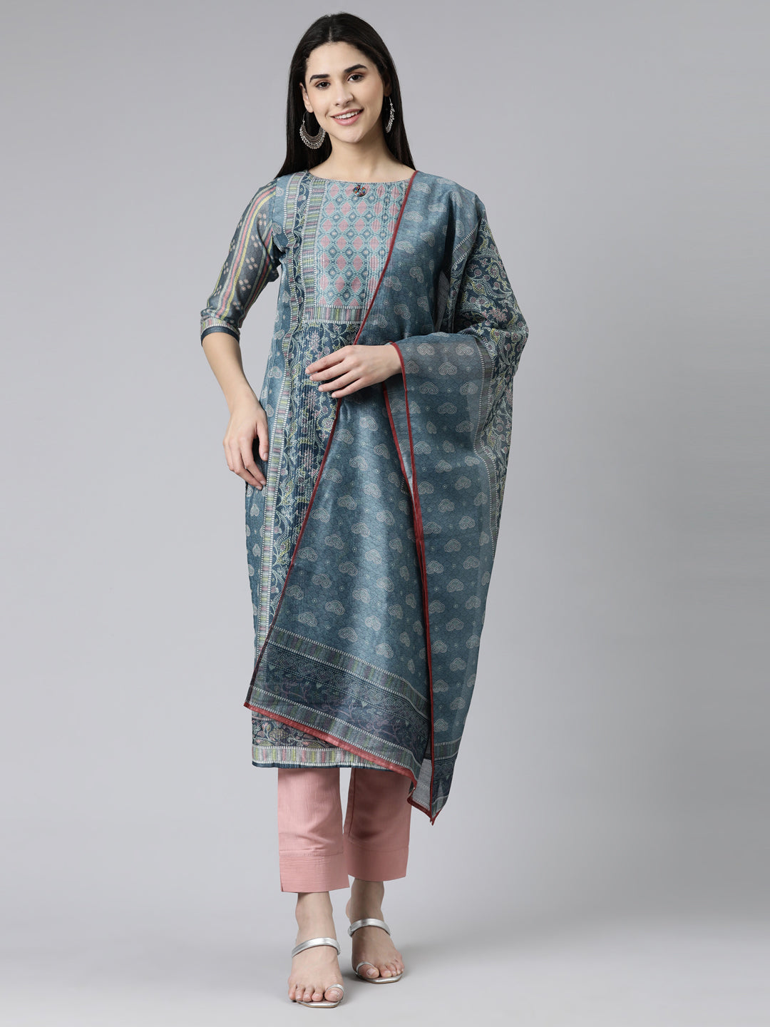 Neeru's Grey Regular Knee Length Printed Kurta Solid Trousers With Dupatta