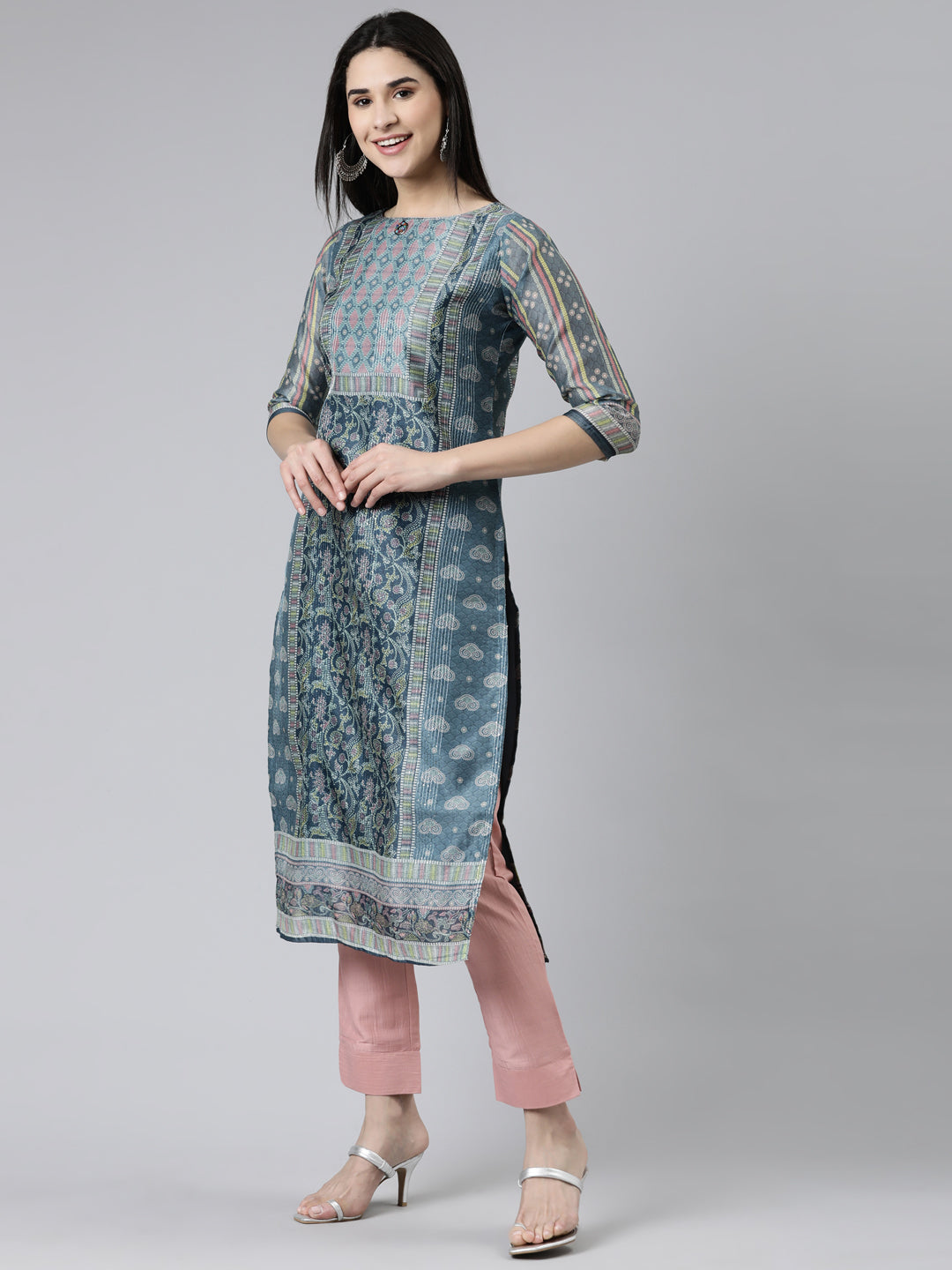 Neeru's Grey Regular Knee Length Printed Kurta Solid Trousers With Dupatta