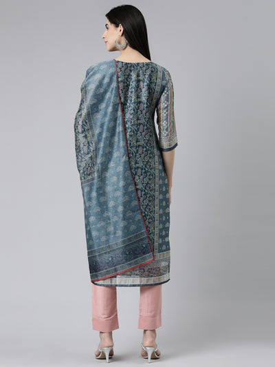 Neeru's Grey Regular Knee Length Printed Kurta Solid Trousers With Dupatta