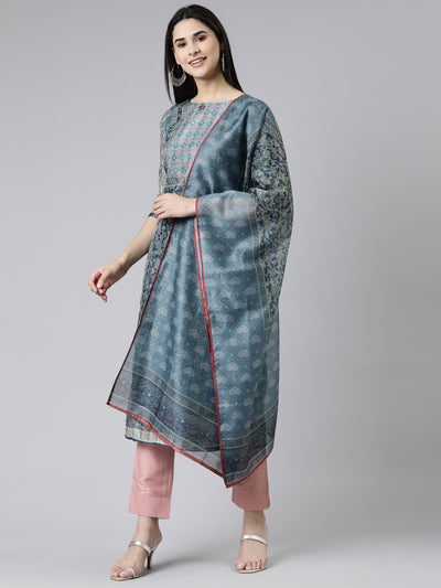 Neeru's Grey Regular Knee Length Printed Kurta Solid Trousers With Dupatta