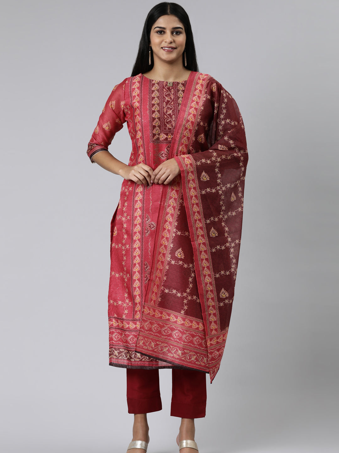 Neeru's Red Regular Calf Length Printed Kurta Solid Trousers With Dupatta