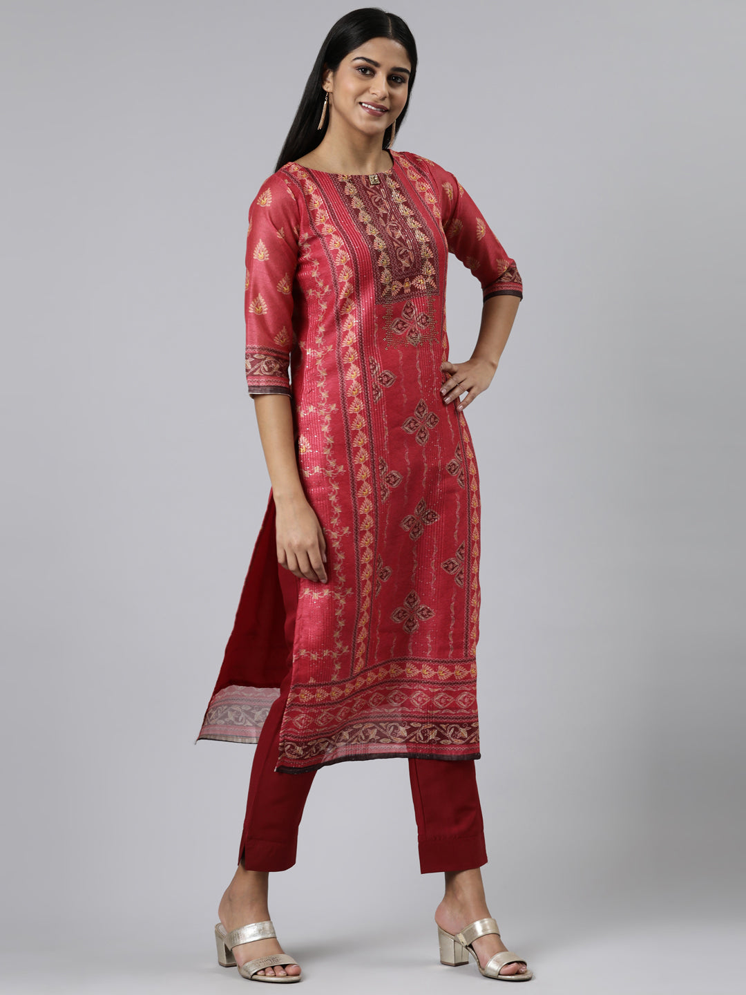 Neeru's Red Regular Calf Length Printed Kurta Solid Trousers With Dupatta