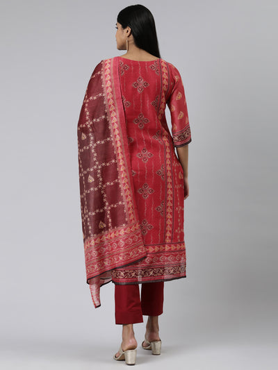 Neeru's Red Regular Calf Length Printed Kurta Solid Trousers With Dupatta