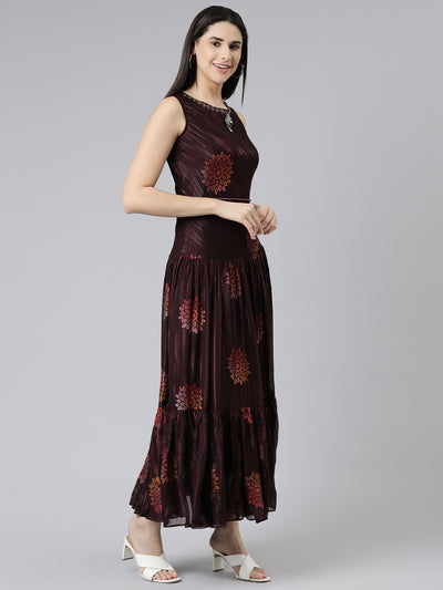 Neeru's Maroon Straight Casual Printed Gown