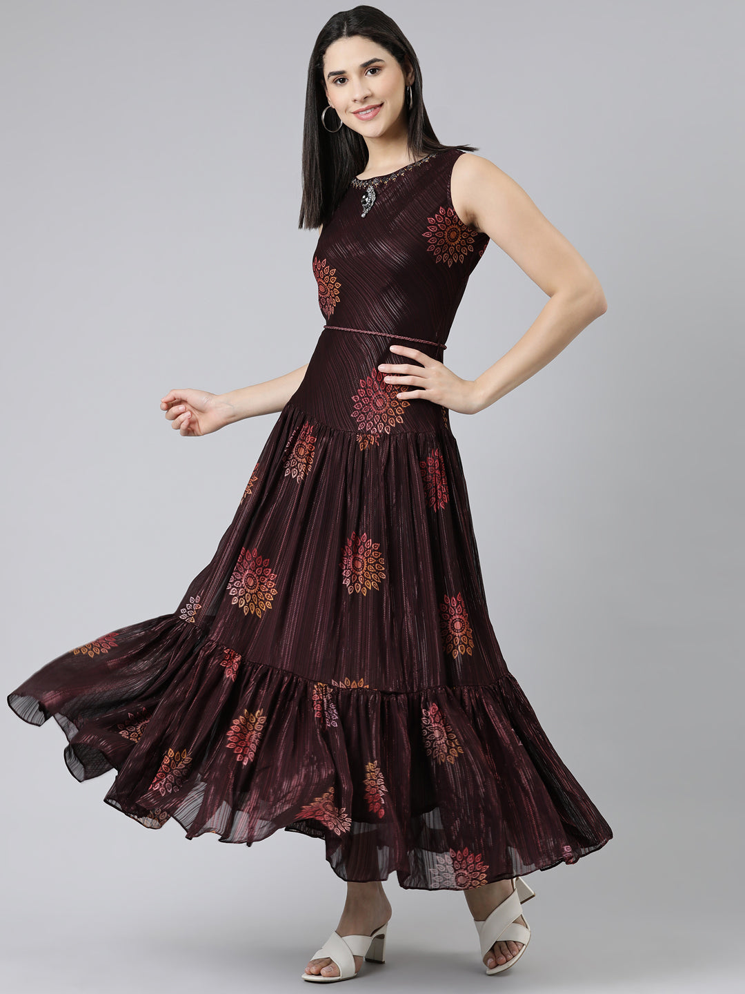 Neeru's Maroon Straight Casual Printed Gown