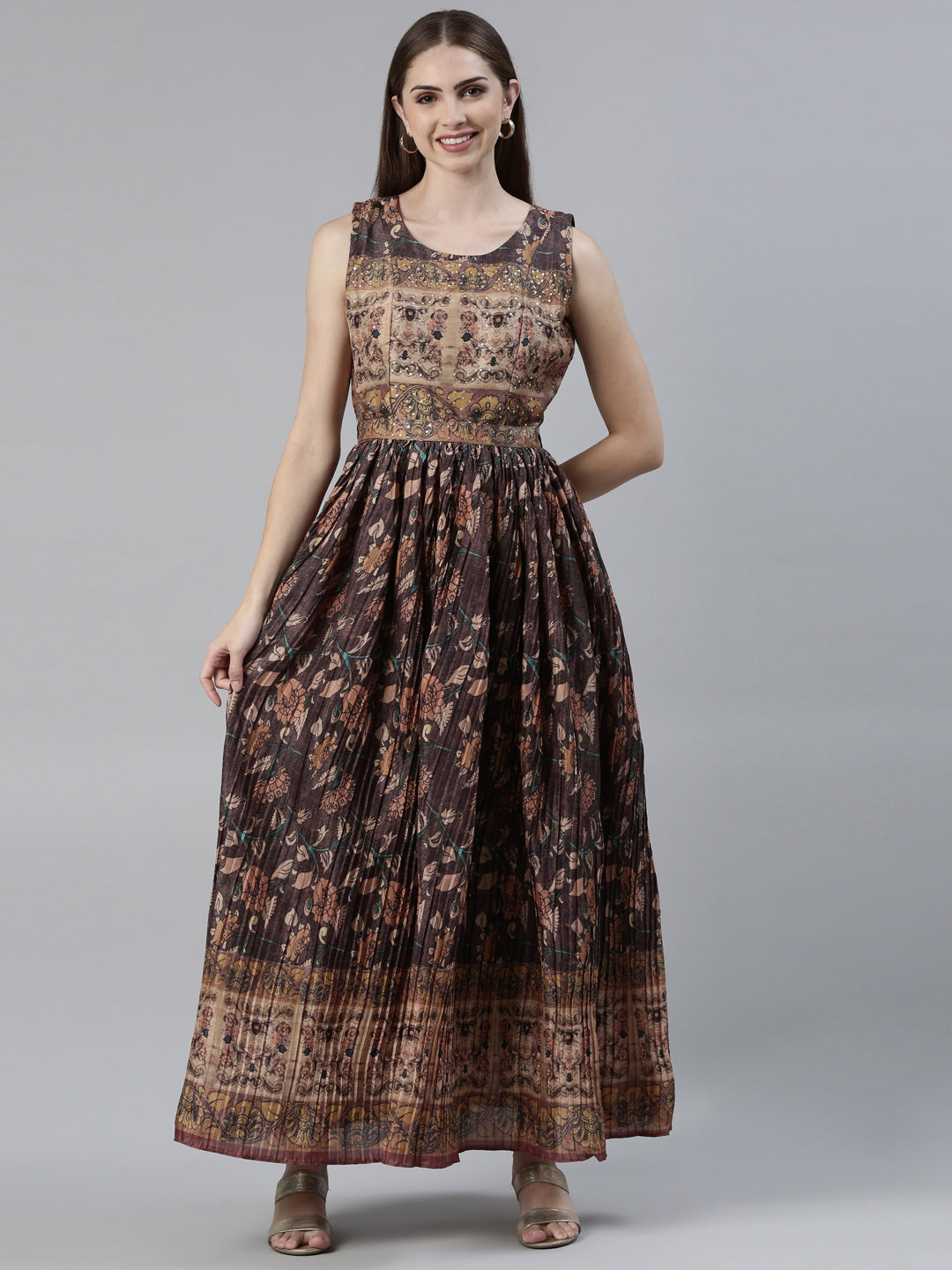 Neeru's Brown Straight Casual Printed Maxi Dresses