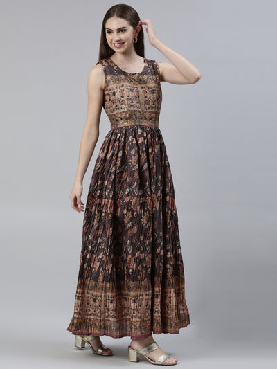 Neeru's Brown Straight Casual Printed Maxi Dresses