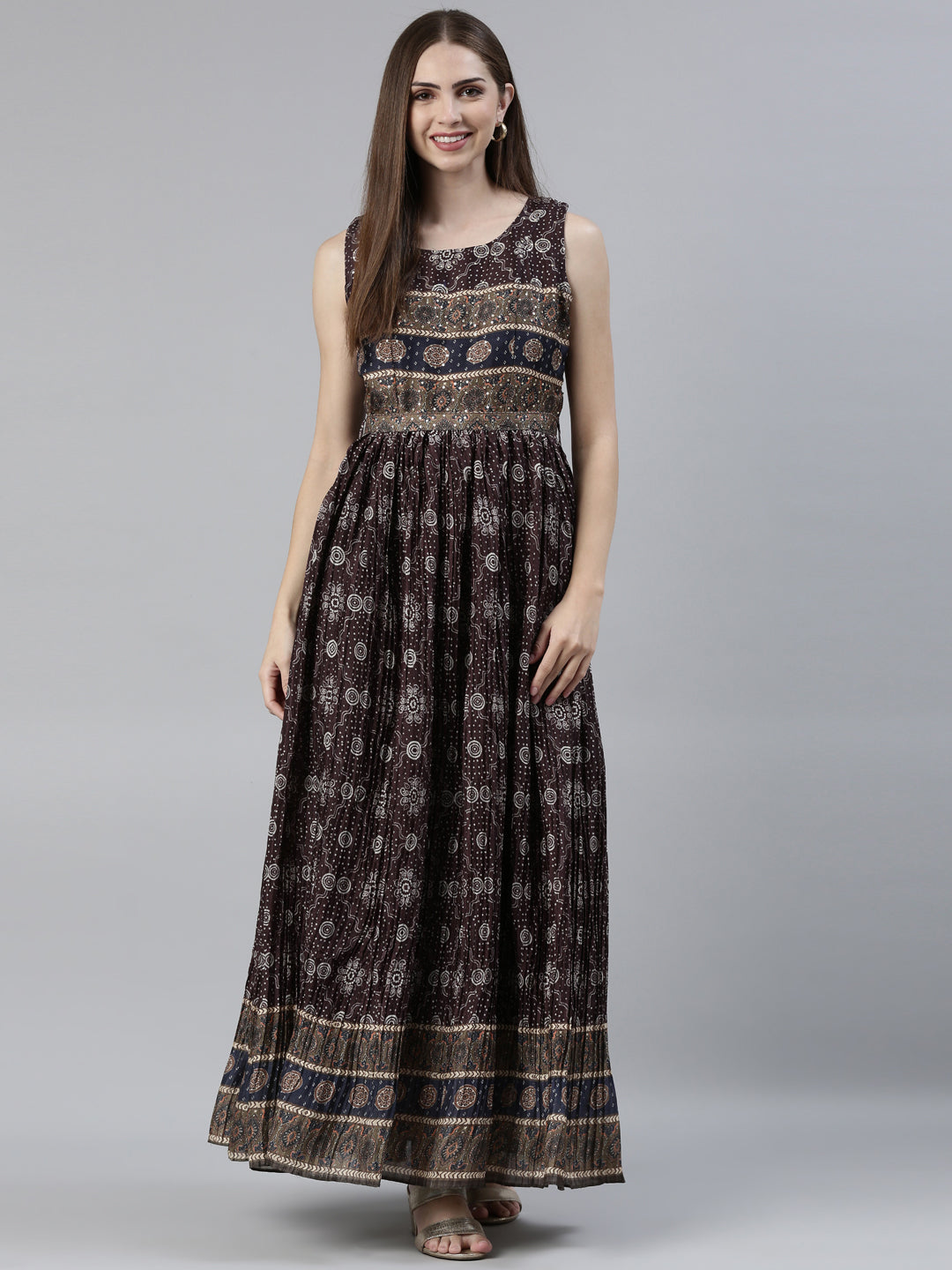 Neeru's Brown Straight Casual Printed Maxi Dresses