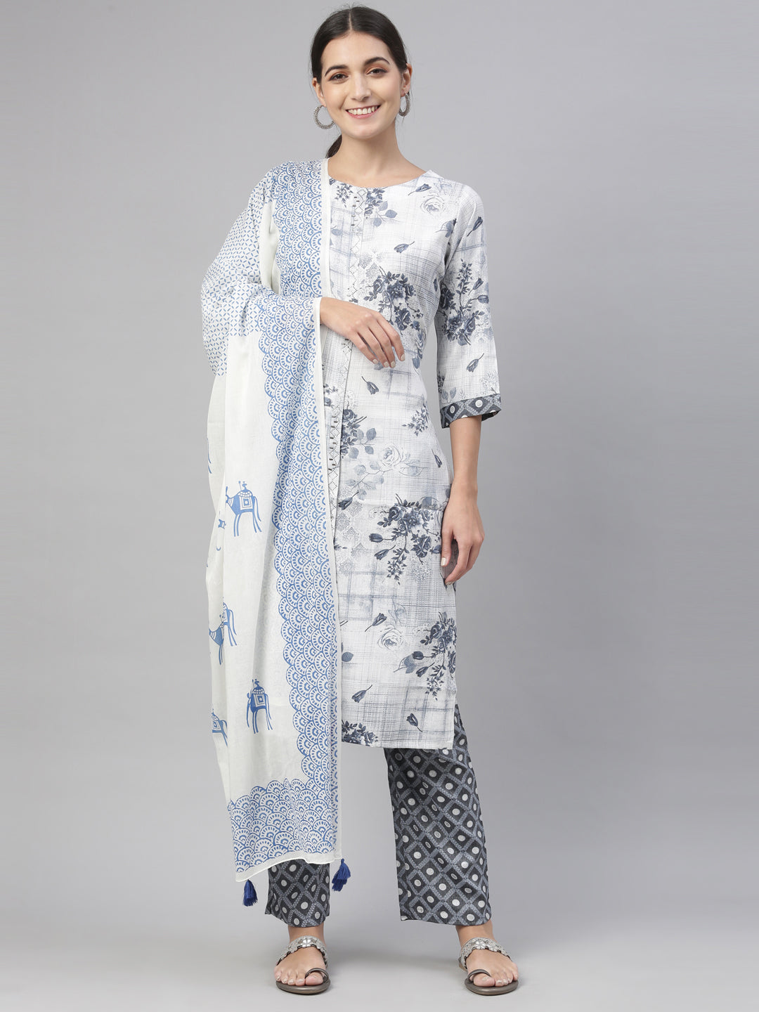 Neeru's Blue Color Slub Rayon Fabric Kurta and Trouser with Dupatta