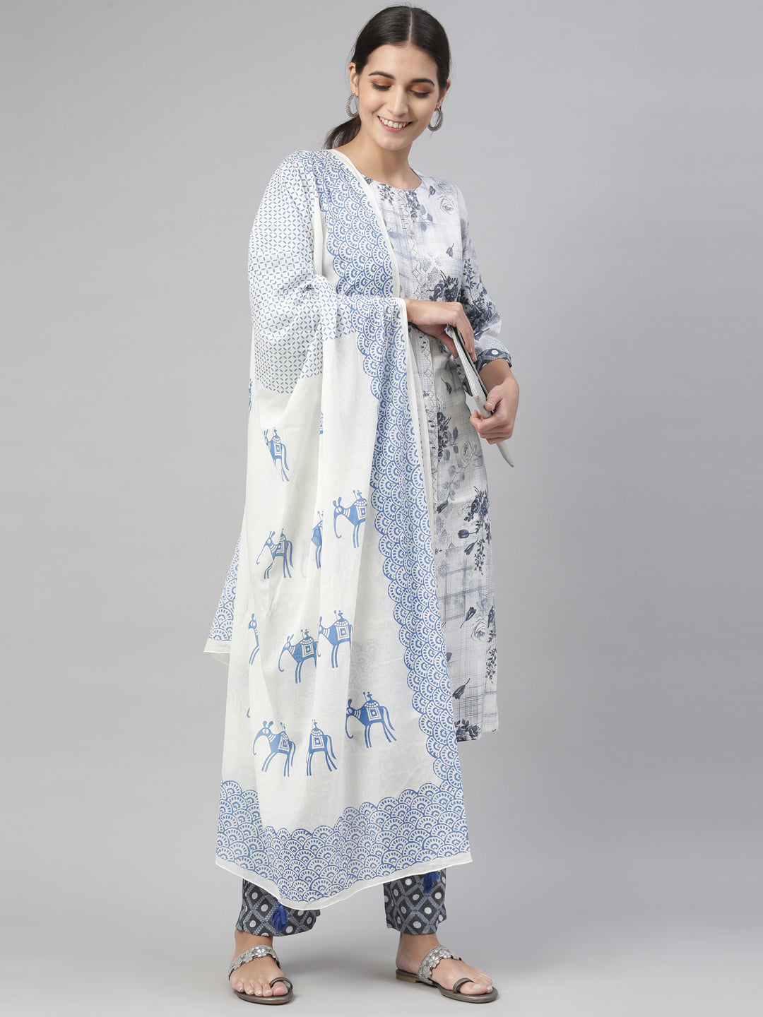 Neeru's Blue Color Slub Rayon Fabric Kurta and Trouser with Dupatta