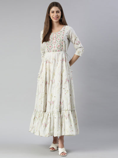 Neeru's Off White Maxi Casual Printed Dresses