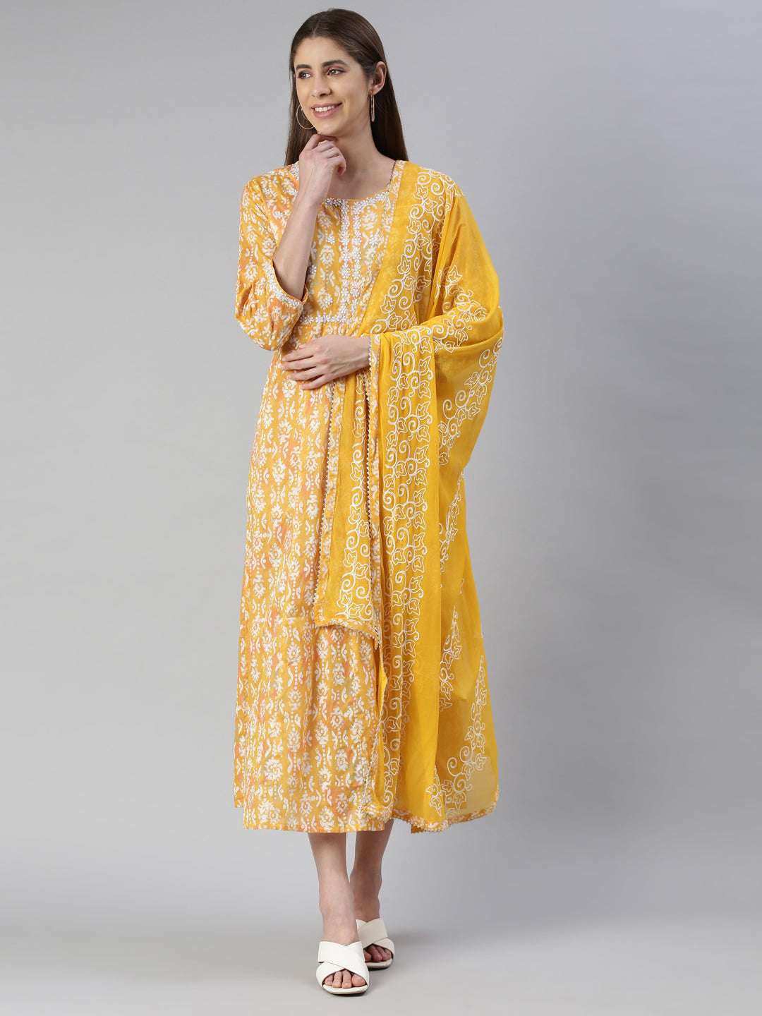 Neeru's Mustard Maxi Casual Printed Dresses