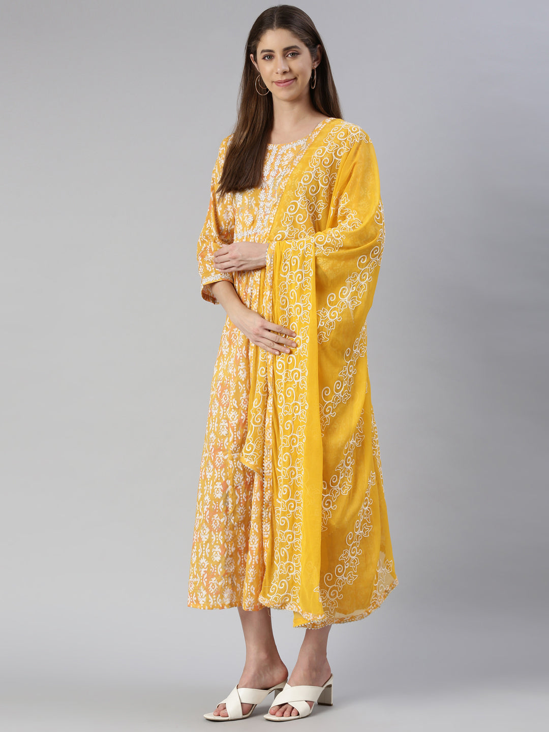 Neeru's Mustard Maxi Casual Printed Dresses