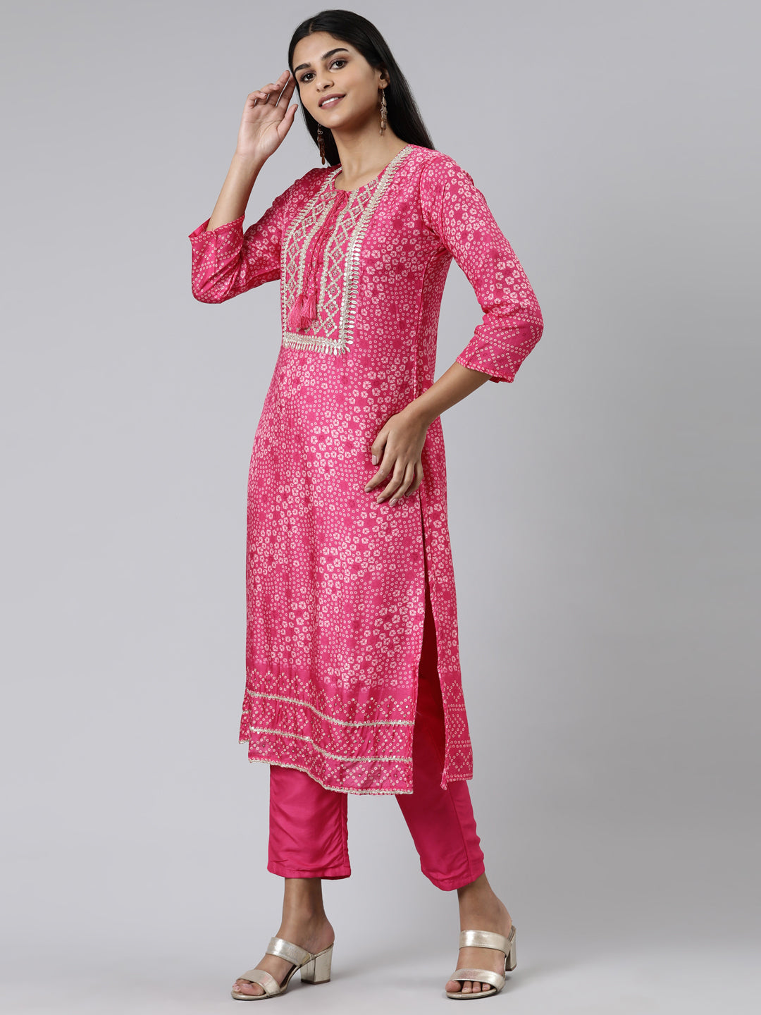 Neeru's Pink Regular Calf Length Printed Kurta Solid Trousers With Dupatta