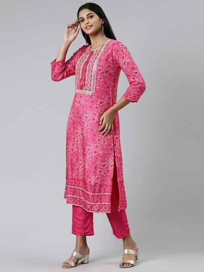 Neeru's Pink Regular Calf Length Printed Kurta Solid Trousers With Dupatta