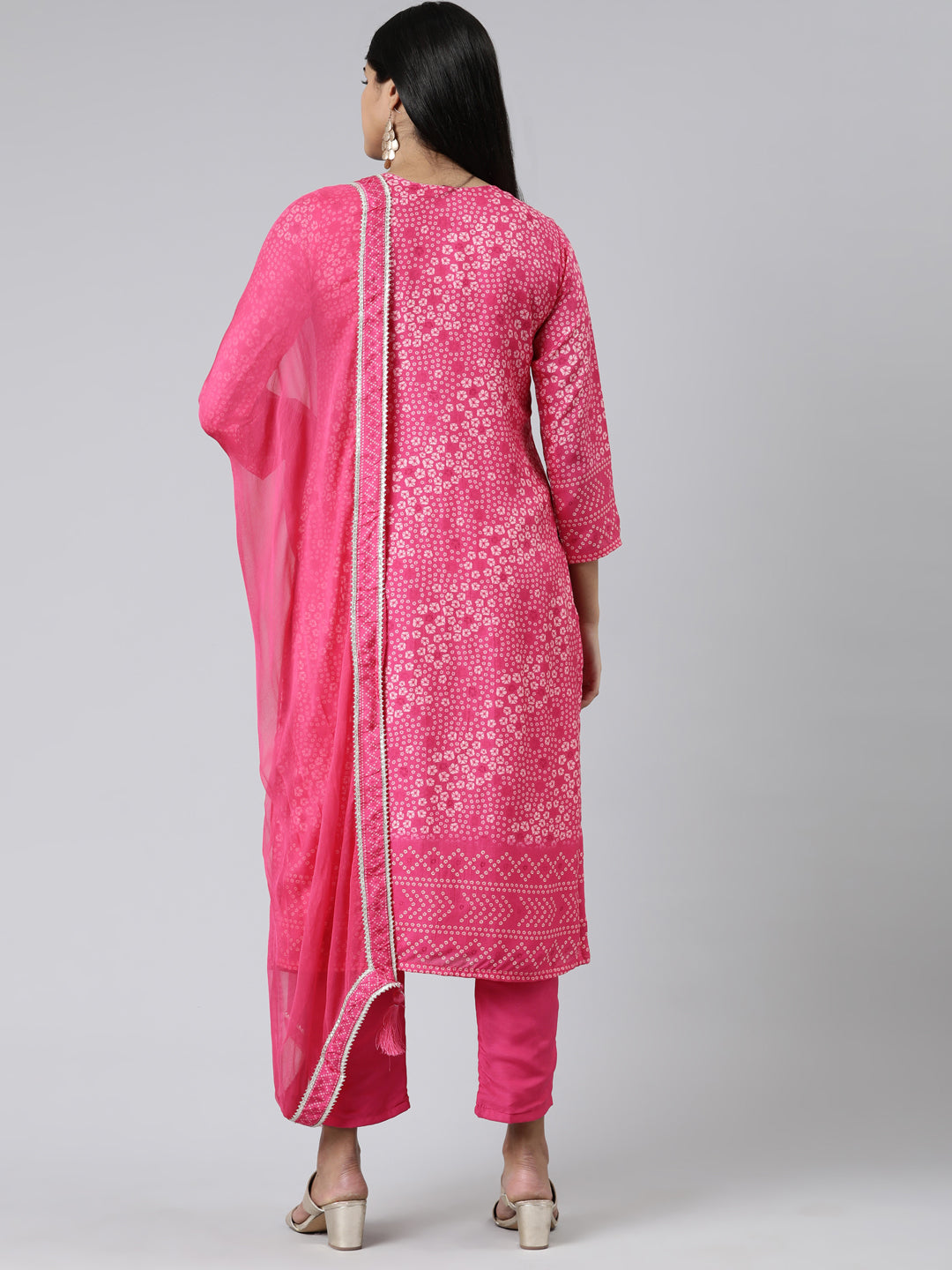 Neeru's Pink Regular Calf Length Printed Kurta Solid Trousers With Dupatta