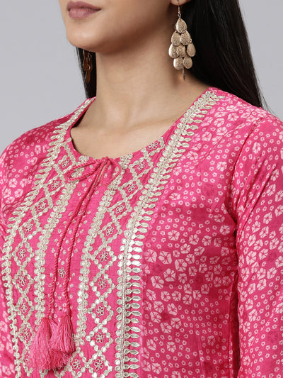 Neeru's Pink Regular Calf Length Printed Kurta Solid Trousers With Dupatta