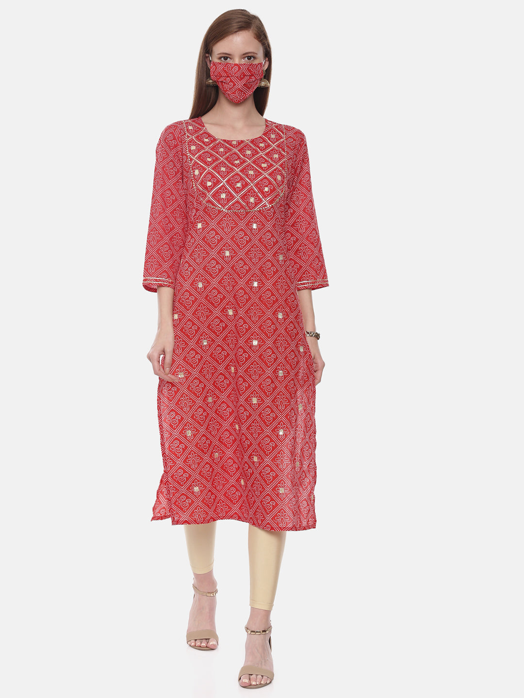 Neeru's Red Printed Straight Kurta With Mask