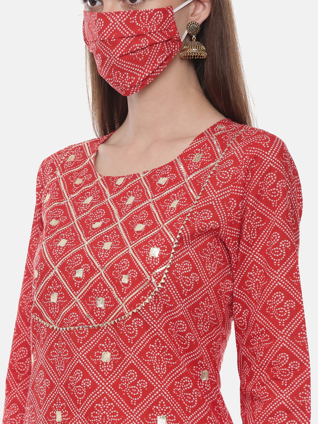 Neeru's Red Printed Straight Kurta With Mask