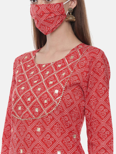 Neeru's Red Printed Straight Kurta With Mask